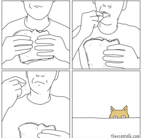 Four panel comic by theycantalk showing someone with a cat eating a sandwich. First panel has them chewing a bite of the sandwich they just took. Second and third panels shows them taking an orange hair off their tongue. The last panel focuses on the kitty peaking from the other side of the table.