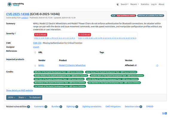 
Summary WHILL Model C2 Electric Wheelchairs and Model F Power Chairs do not enforce authentication for Bluetooth connections. An attacker within
range can pair with the device and issue movement commands, override speed restrictions, and manipulate configuration profiles without any
credentials or user interaction.
i

