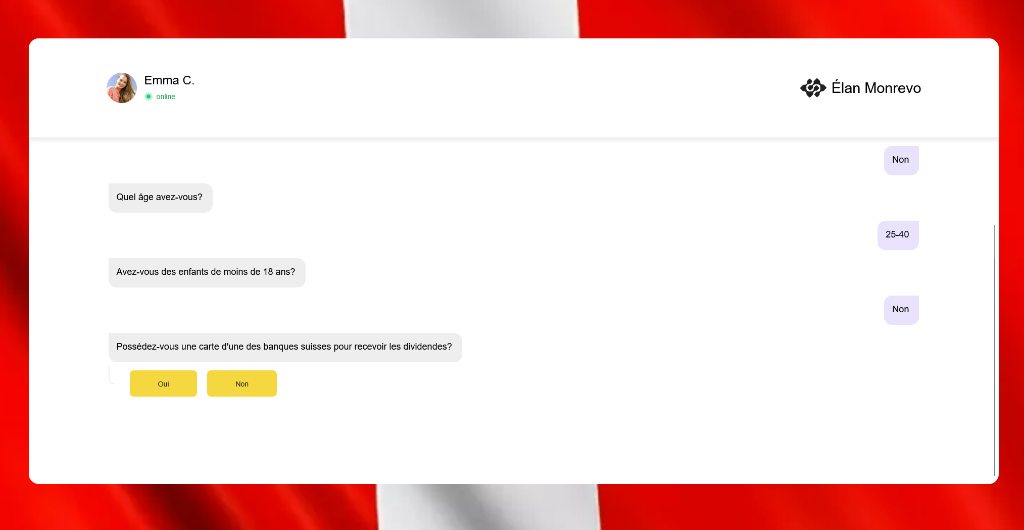 une interface de chat en ligne avec un assistant nommé “Emma C.” posant des questions de ciblage (âge, enfants, carte bancaire suisse) sur fond de drapeau suisse