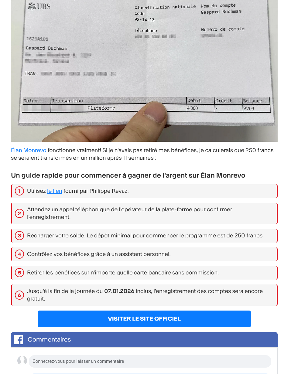 une image prétendant montrer un relevé bancaire UBS avec un solde élevé, utilisée comme preuve de gains