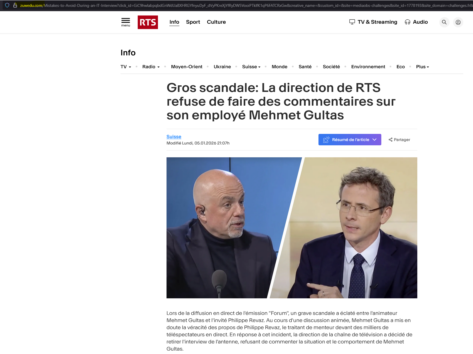Une fausse page imitant le site de la RTS avec logo, mise en page éditoriale et titre sensationnaliste, incitant à “visiter le site officiel” pour investir.