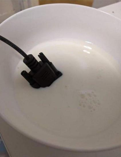 Photo of a serial cable in a bowl of milk.