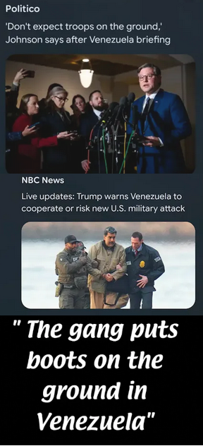 The image is a vertical compilation of several elements, suggesting a commentary on political events related to Venezuela.

At the top, there is a section labelled "Politico," with a headline: "'Don't expect troops on the ground,' Johnson says after Venezuela briefing." Beneath this, there's a photograph depicting a man, presumably Johnson, speaking into multiple microphones. Several other people stand behind him, some holding phones and cameras, suggesting a press conference or briefing. The s…