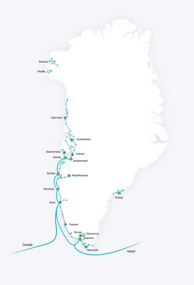 https://www.tusass.gl/en/infrastructure/submarine-cable/

Submarine Cable

5404 kilometers of high-tech fiber optic connection, is the description of Greenland’s first submarine communications cable Greenland Connect which went into operation in March 2009.

It runs from Newfoundland in Canada to Nuuk in Greenland. From where it continues on to Qaqortoq and Iceland. With a response time of just 23 milliseconds, it is one of the fastest routes across the Atlantic. The second submarine communicat…