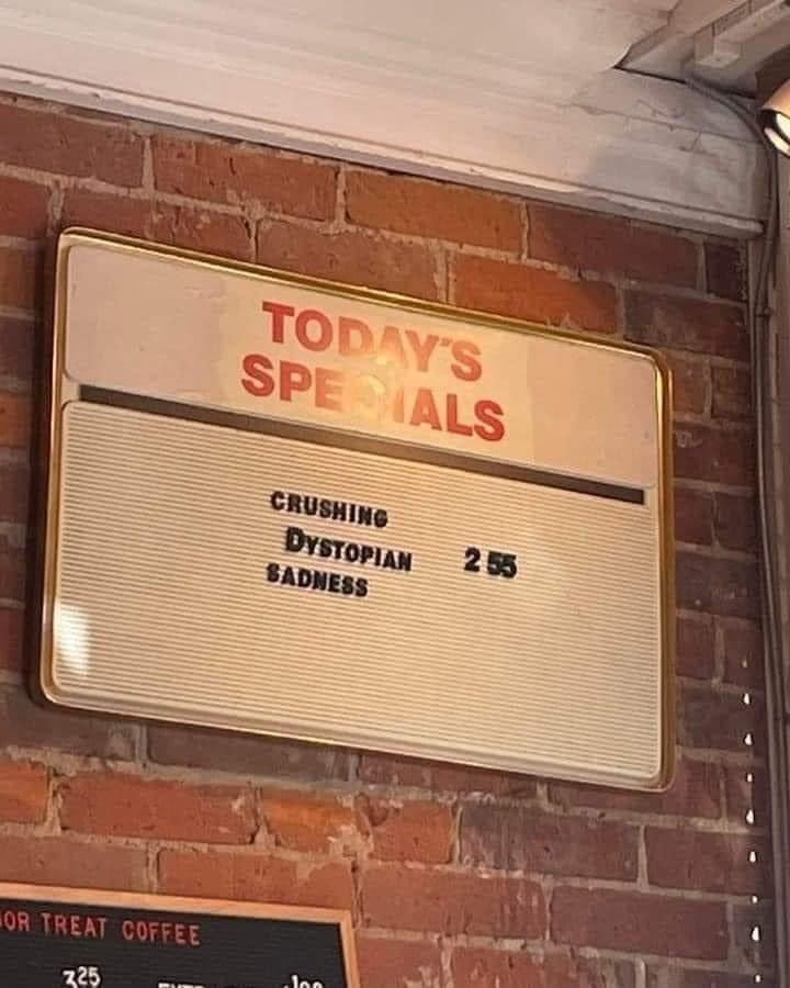 The image presents a close-up view of a sign, likely a cafe menu board, mounted on a brick wall. The sign is rectangular with a gold-colored frame and a white background. "TODAY'S SPECIALS" is displayed at the top in bold, red letters. Below this, the board is divided, with a section containing the featured special: "CRUSHING DYSTOPIAN SADNESS" and to the right, the price "2.55". The font on the board is a simple, sans-serif style.

The brick wall is a mix of red and brown bricks, with visible mortar lines. A part of another menu board is visible at the bottom of the frame, showing prices for "OR TREAT COFFEE". The overall composition of the image gives a sense of a casual, potentially humorous, setting. The lighting appears to be natural, with the sign well-lit and the surrounding brickwork showing subtle shadows and color variations.