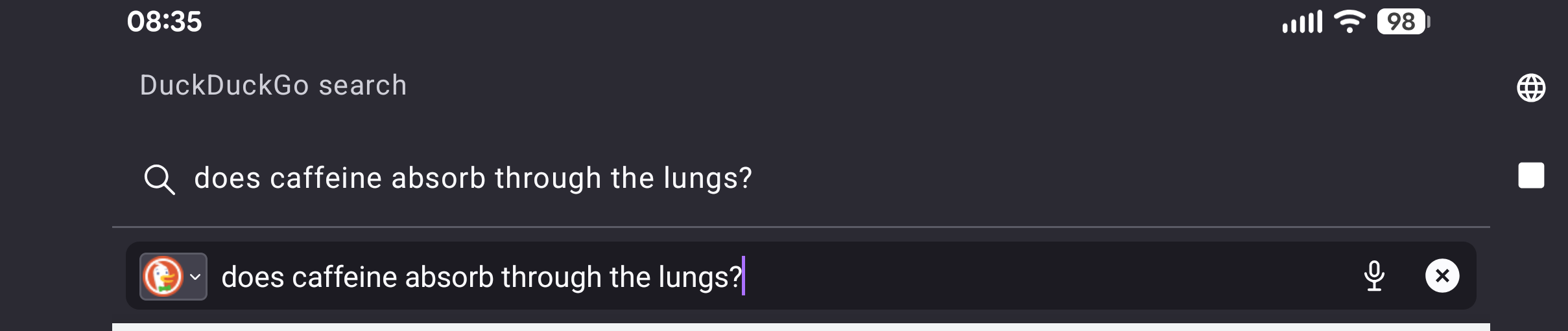 Duck Duck Go search query: does caffeine absorb through the lungs?