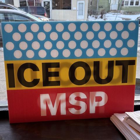 ICE out of MSP sign in a shop window