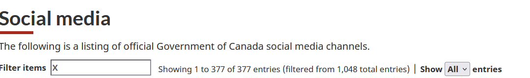 Social media
The following is a listing of official Government of Canada social media channels.
ilter items kK] Showing 1 to 377 of 377 entries (filtered from 1,048 total entries) | Show |All v| entries
