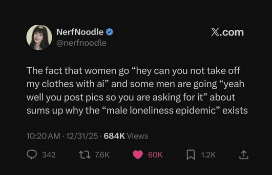  NerfNoodle  -  X.com
 @nerfnoodle
The fact that women go “hey can you not take off
my clothes with ai” and some men are going “yeah
well you post pics so you are asking for it” about
sums up why the “male loneliness epidemic” exists
10:20AM - 12/31/25 - 684K Views
© 342 1 76K © 60K [A 12x 1x)
