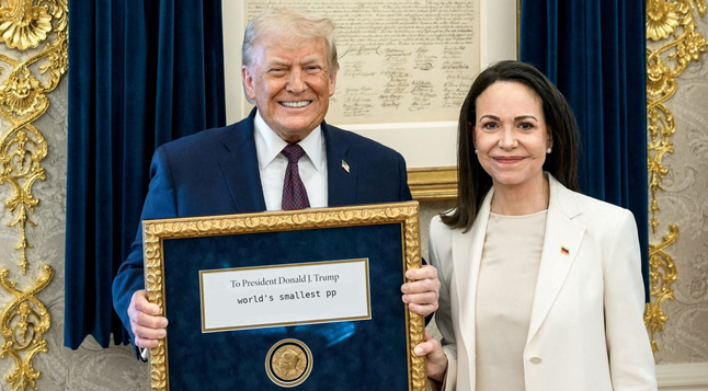 The image features former President Donald Trump and another woman, standing side-by-side and holding a framed document. Trump, positioned on the left, is wearing a dark blue suit with a red and navy patterned tie. He has a wide, beaming smile. His hair is styled in a familiar comb-over. He holds the frame in both hands. To his right, the woman is wearing a cream-colored outfit, including a blazer and a blouse. She has dark hair, and a small American flag pin is affixed to her blazer. Both indi…