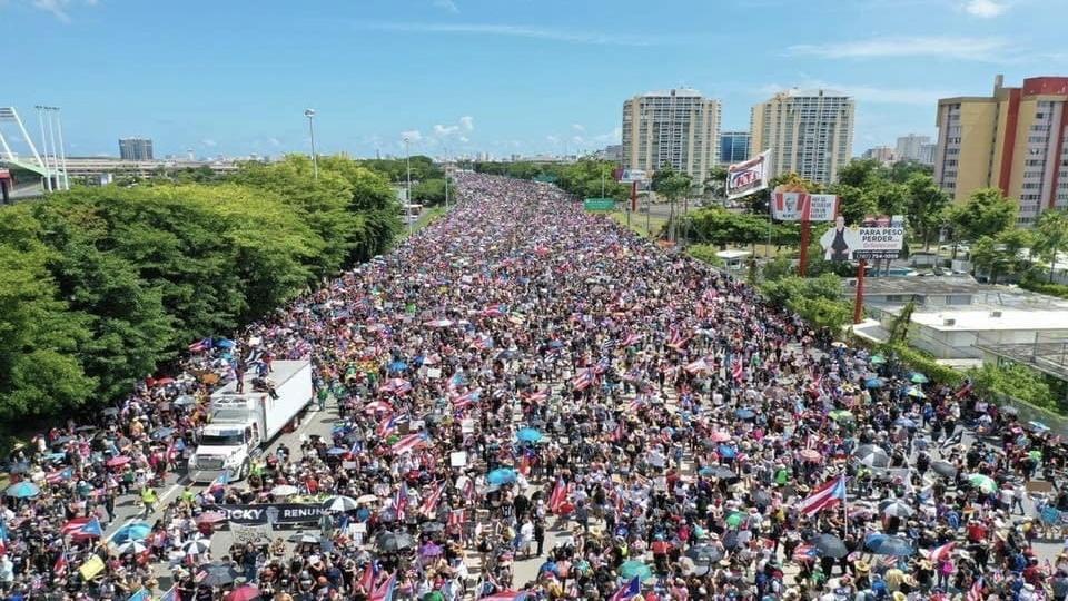 Downfall of Puerto Rico's governor
Image show street full of protests
Ricardo Rosselló, resigned following impeachment prospects, mass protests from the 2019 Telegramgate political scandal