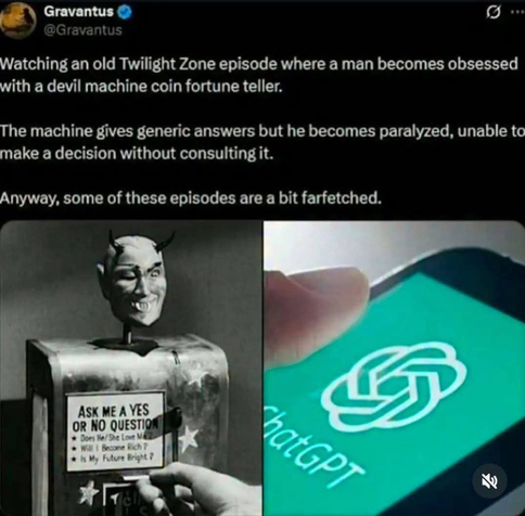 The image is a humorous meme combining a vintage aesthetic with a modern reference. It's a screenshot of a Twitter post made by "Gravantus" with the username "@Gravantus."

The tweet text describes a plot from "The Twilight Zone" where a man becomes obsessed with a coin-operated fortune-telling machine shaped like a devil. This machine provides generic answers, leading the man to become dependent on it and unable to make decisions on his own. The tweet then comments on how some of these Twiligh…