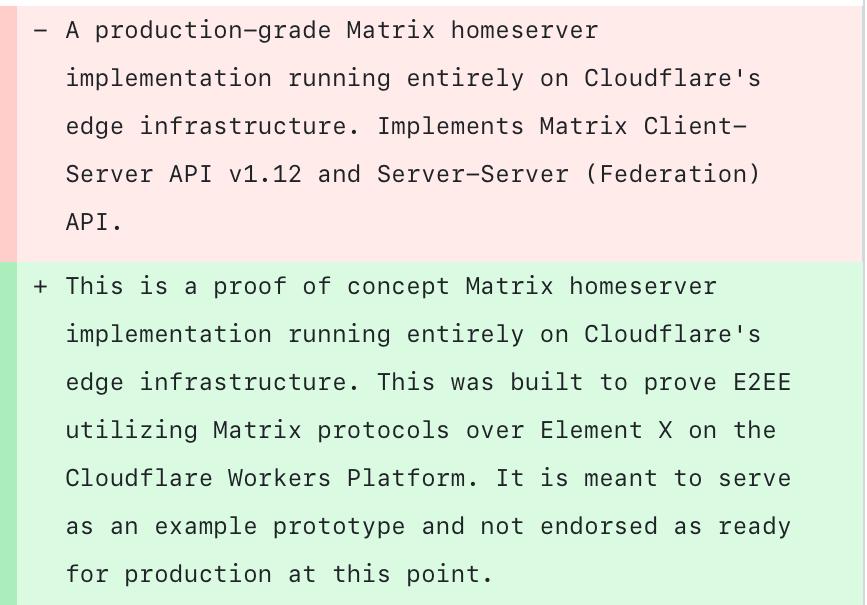 a colorized git diff:
old text in red: A production-grade Matrix home server implementation blablabla Cloudflare
new text in green: this is a proof of concept Matrix home server implementation blablabla Cloudflare not endorsed