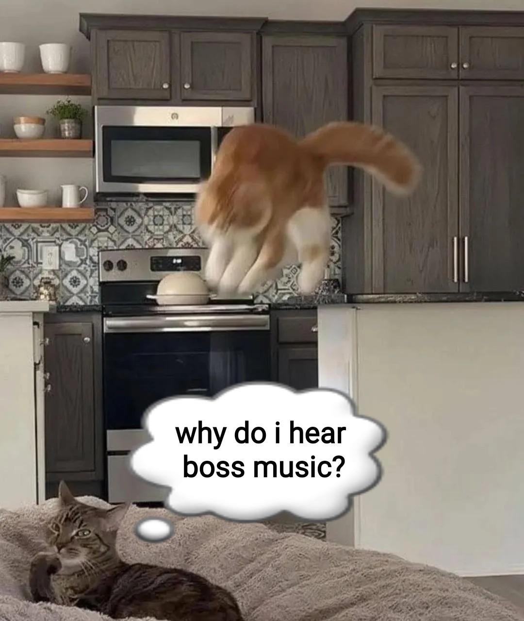 Photo of a fluffy orange and white cat mid jump off of a kitchen island to ambush a tabby cat grooming its paw while laying on a grey blanket. The tabby, with a though bubble that says, "why do i hear boss music?", is looking the opposite direction and seems unaware of the impending attack.
