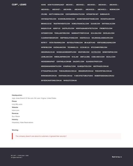 The image is a screenshot of a webpage with a dark background and light text. The top left corner displays "CLOP^_- LEAKS" in a bold, white, sans-serif font. The rest of the page is dominated by a list of domain names, presented in multiple columns with a light gray sans-serif font. Some domain names have small downward-pointing arrows next to them, suggesting they are dropdown menus.

Below the extensive list of domain names, there is a section with contact and industry information for "Hilton…