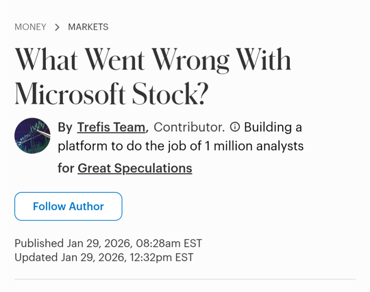 The image displays a screenshot of an article or webpage. At the top, in a smaller font, are the words "MONEY" followed by a right arrow and "MARKETS", indicating navigation or categorization.

The main title of the article is prominently displayed in a large, bold, serif font: "What Went Wrong With Microsoft Stock?".

Below the title, there is a circular profile picture on the left. This picture shows a stylized graph with a green upward trend line, set against a dark, possibly starry, backgro…
