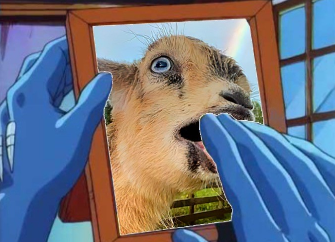 Wolverine caressing a photo of screaminggoat's old avatar of a goat screaming.