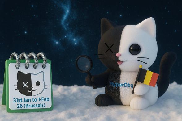 HyperDbg cat holding a Belgian flag, sitting aside a calendar indicating when FOSDEM is happening (Jan 31 to Feb 1, 2026) in Brussels