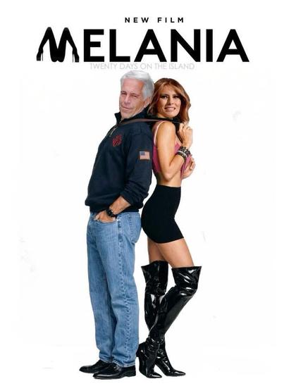 This image is a movie poster for a film titled "MELANIA TWENTY DAYS ON THE ISLAND". The title is prominently displayed at the top of the poster in large, bold, black letters. Above "MELANIA" is the text "NEW FILM" in smaller black letters. The letters of "MELANIA" are stylized, with the first two letters, "ME", appearing to be formed by the silhouette of high-heeled shoes.

The main visual element of the poster is a man and a woman standing back-to-back, with their shoulders touching. The man i…
