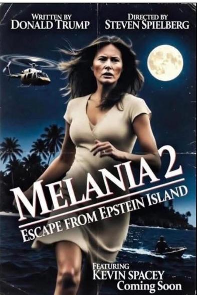 The image is a movie poster parody for "Melania 2: Escape from Epstein Island". The poster features a woman who resembles Melania Trump prominently in the foreground, looking intensely towards the viewer. She is wearing a short-sleeved, cream-colored dress with a V-neckline. Her hair is dark and styled with a windblown effect, suggesting movement and drama.

The background depicts a dark, tropical night scene. To the left, a helicopter is shown in flight with its rotors blurred, indicating moti…