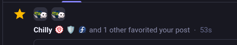 Cropped screenshot of a mastodon notification feed, showing "Chilly and 1 other favourited your post", except both profile pictures are Chillys PFP: A moopsy in a NTSB uniform.