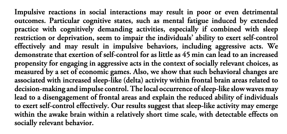 Dense block of academic text explaining how mental fatigue from prolonged cognitive effort can impair self-control and increase impulsive, aggressive social behavior.