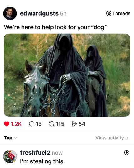 The image shows a screenshot from a social media platform, likely Threads, given the "Threads" text in the top right corner. The main focus of the post is a cinematic image of two figures in dark, hooded robes on horseback in a dimly lit, wooded area. The figure in the foreground is on a black horse and wears an elaborate, ornate dark helmet or head covering that obscures its face, with only a hint of a shadowed void where the face should be. The figure's hands are visible, one resting on the h…