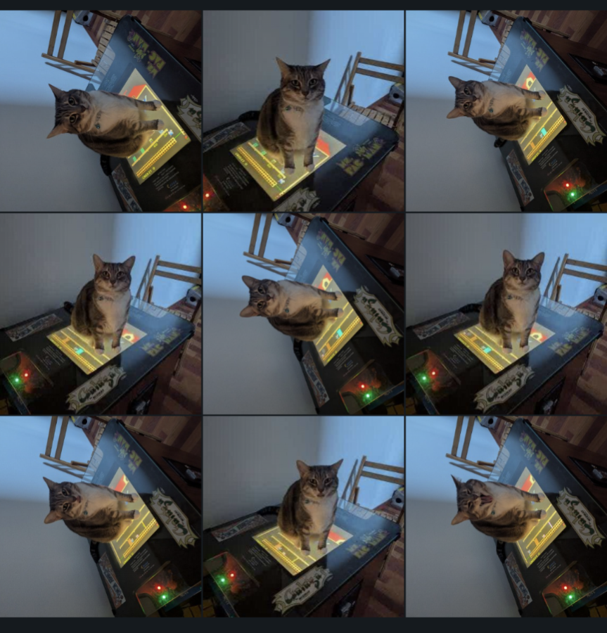 A collage of nine images that are all basically the same but half are rotated 90 degrees. The odd grid size with the even rotational symmetry gives a woven appearance.
A light blue wall and a hard wood floor. A black standard cabinet with buttons lit in red and green.
A kitty sits on an arcade cabinet, the tabletop kind. She's lit from the screen below and looks at the camera. The table is askew to the kitty in the photo which adds to the woven appearance.