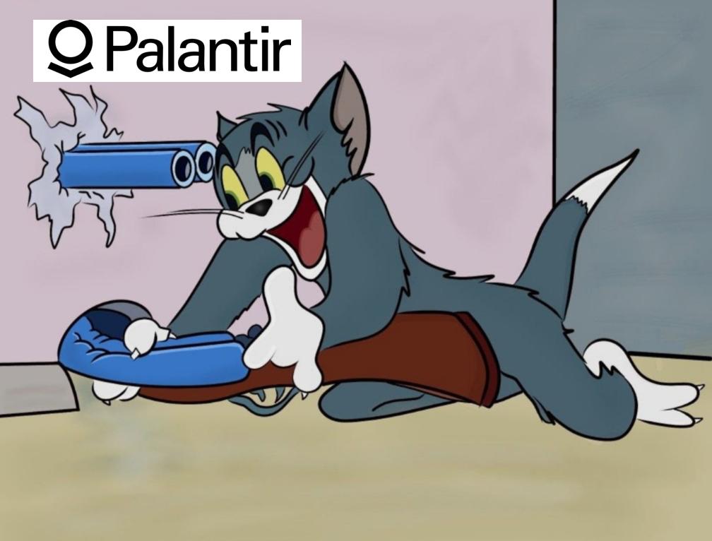 Tom (from Tom and Jerry) [labelled Palantir] putting a double barrel shotgun into Jerry's mouse hole but does not notice the gun barrel warping through the wall and pointing directly back at him.
