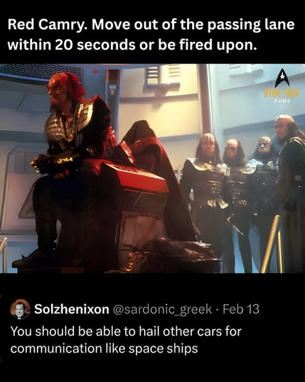 The image is a meme with a still from a science fiction show at the top, overlaid with text. Below the still is a screenshot of a social media post, also with text.

The top portion of the image features a scene with several figures, likely characters from Star Trek, given the "Star Trek Fans" logo in the upper right corner. The main figure, seated on the left, appears to be Klingon, with reddish hair and elaborate, dark and metallic armor. This character is looking off to the left. In front of…