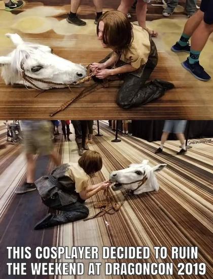 Photo of someone cosplaying Atreyu from the Neverending Story, specifically, the scene from the Swamp of Sadness when his horse, Atrax, sinks to their demise. The cosplayer has a mud stain outfit and is carrying around a very realistic horse head (fake, of course) to make it appear Atrax was sinking when they put the prop on the floor. Caption is:

This cosplayer decided to ruin the weekend at DragonCon 2019