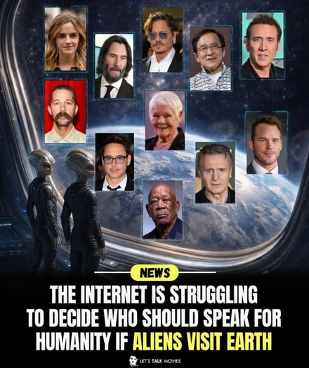 The image is a collage presented as a news graphic, with a dark, starry background that appears to be space. Dominating the upper portion are numerous headshots of well-known actors, arranged in a grid-like fashion. The actors featured include Emma Watson, Keanu Reeves, Johnny Depp, an Asian man, Nicolas Cage, Shia LaBeouf, Judi Dench, a man with glasses, Morgan Freeman, Liam Neeson, and Chris Pratt. These portraits are framed in thin, dark blue borders and appear to be set against a backdrop o…