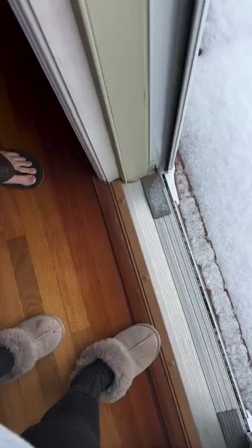 Video of two people's feet next to an open sliding glass door. An orange cat runs out, excited about going outside, only to discover all that white stuff (snow) is cold and wet. Kitty stops mid-sprint and then retreats slowly the way it came.