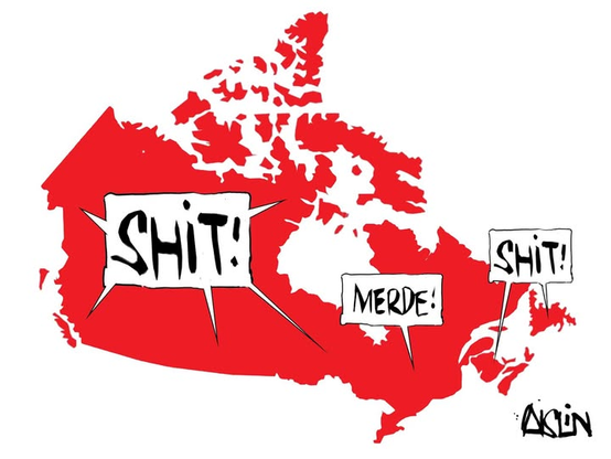 The image is a cartoonish depiction of the country of Canada, rendered in solid red against a white background. The outline of Canada is simplified but recognizable, with its distinct northern archipelago and southern border. Scattered across the map are three speech bubbles, each containing text.

The largest speech bubble is located over the western part of Canada, likely representing British Columbia and Alberta. It is white with a black outline and sharp, jagged edges, giving it a burst-lik…