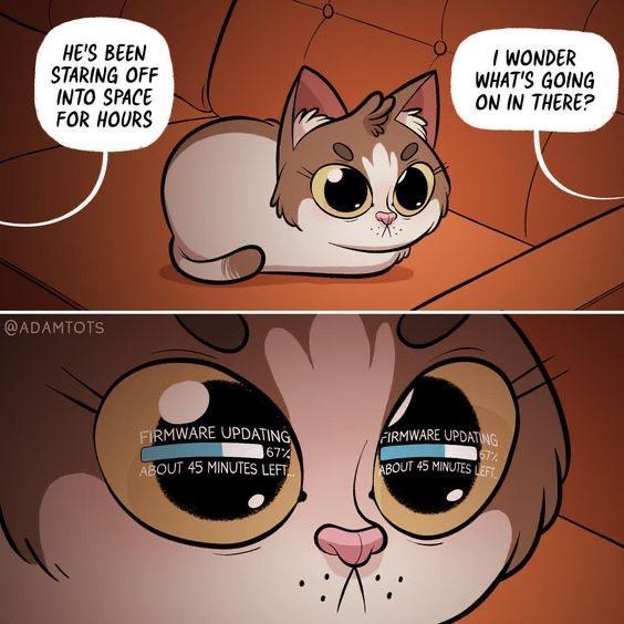 Two panel comic by adamtots showing a cat loafing on a couch while zoning out.
Top panel shows two people talking off screen while the cat just sits there.
Person 1: He's been staring off into space for hours.
Person 2: I wonder what's going on in there?
Bottom panel is a zoom in of the kitty's face showing a message in his eyes.
FIRMWARE UPDATING
67%
About 45 minutes left