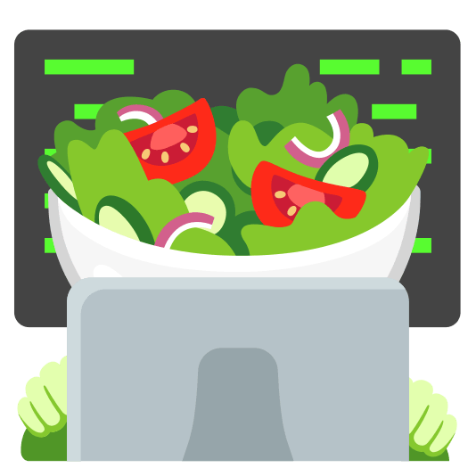 Emoji kitchen combo of 💻 + 🥗 showing an anthropomorphic salad on a computer