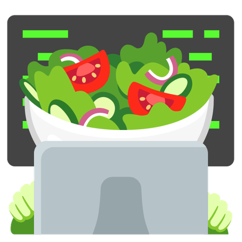 Emoji kitchen combo of 💻 + 🥗 showing an anthropomorphic salad on a computer