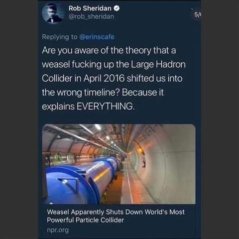 Rob Sheridan @rob_sheridan
Replying to @erinscafe
Are you aware of the theory that a weasel fucking up the Large Hadron Collider in April 2016 shifted us into
the wrong timeline? Because it explains EVERYTHING.
Weasel Apparently Shuts Down World's Most
Powerful Particle Collider
npr.org