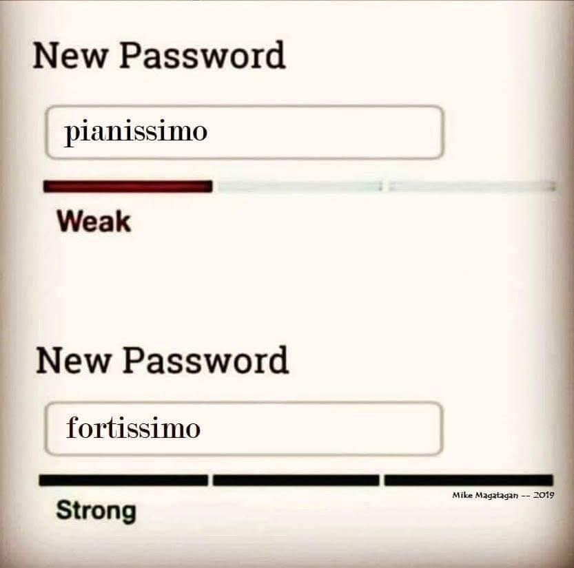 Two copies of a Password Reset window that say "New Password" at the top. The first one has the word "pianissimo" in the box and it shows the strength as Weak. The second one has the word "fortissimo" in the box and it shows the strength as Strong.