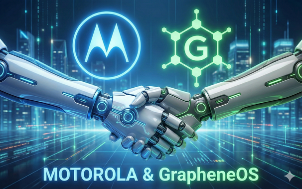 Wygenerowana grafika przedstawiające dwie robotyczne ręce w uścisku dłoni, jedna niebieska symbolizująca Motorola (logo) i druga zielona GrapheneOS (logo).