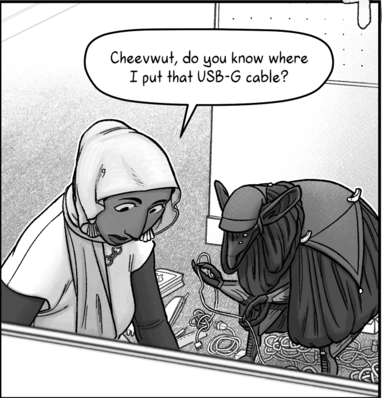 a comic book panel: a Muslim woman casually asks a small bird-like alien "Cheevwut, do you know where I put that USB-G cable?"