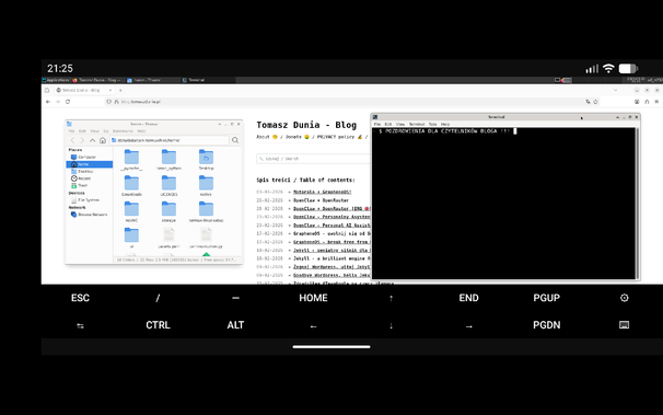 Zrzut ekranu środowiska graficznego XFCE działającego na smartfonie Google Pixel 9a. Na ekranie jest odpalony firefox ze stroną blog.tomaszdunia.pl, terminal i menedżer plików.