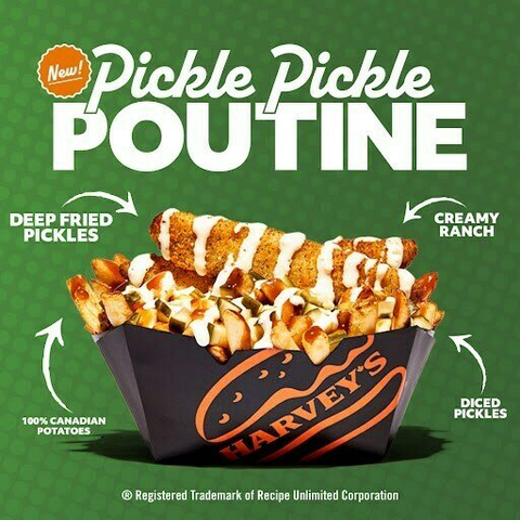 The image is a promotional advertisement for a food item called "Pickle Pickle POUTINE" from Harvey's. The background is a vibrant, textured green, possibly representing a stylized pattern of small, light green dots.

Dominating the center of the image is a black serving container filled with poutine. The container is filled with a generous portion of golden-brown french fries, topped with what appears to be gravy and cheese curds, typical of poutine, but with added pickle elements.

The poutin…