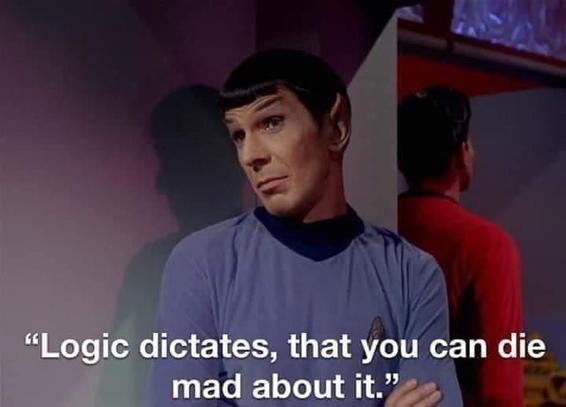 The image is a medium shot of a man with distinctive Vulcan ears and a black, bowl-shaped haircut, portraying the character Spock from Star Trek. He is wearing a light blue uniform shirt with a dark blue collar and a Starfleet insignia on the left chest. His head is turned slightly to his left, and he looks towards the viewer with a subtle, perhaps slightly sarcastic or amused, expression. His eyebrows are raised, and the corner of his mouth is turned up.

In the background, to the right of Spo…