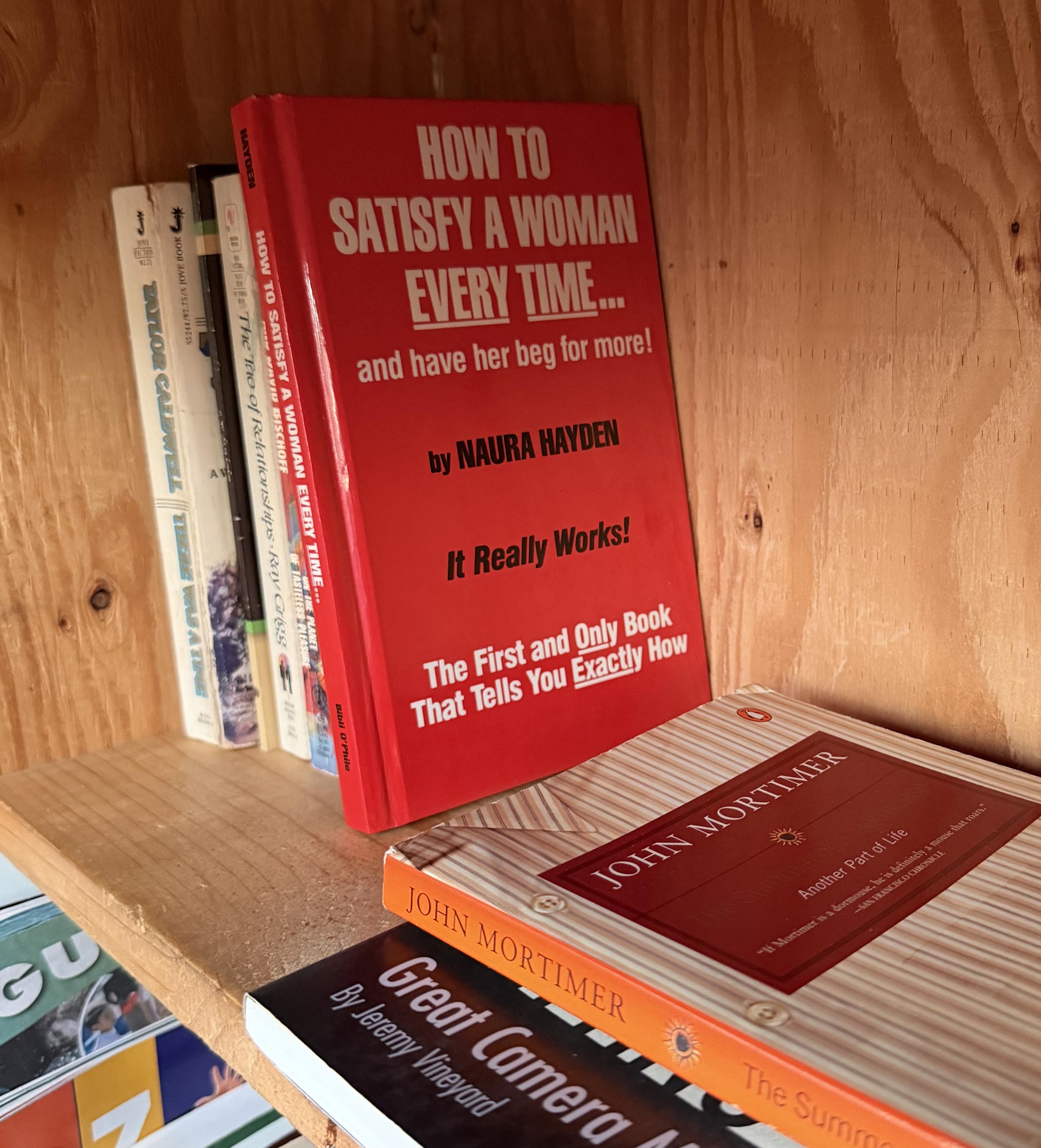 little free library, interior, with the book "How to satisfy a woman every time" visible. Bright red with white text.