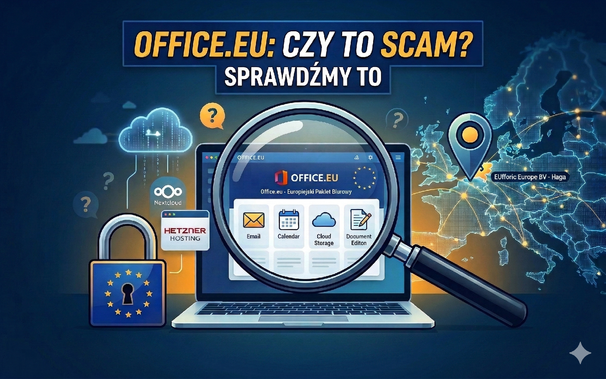 Office.EU: Czy to scam?
Sprawdźmy to
grafika pokazująca lupę przybliżającą obraz na ekranie laptopa
logo nextcloud, hetzner, unii europejskiej itp.