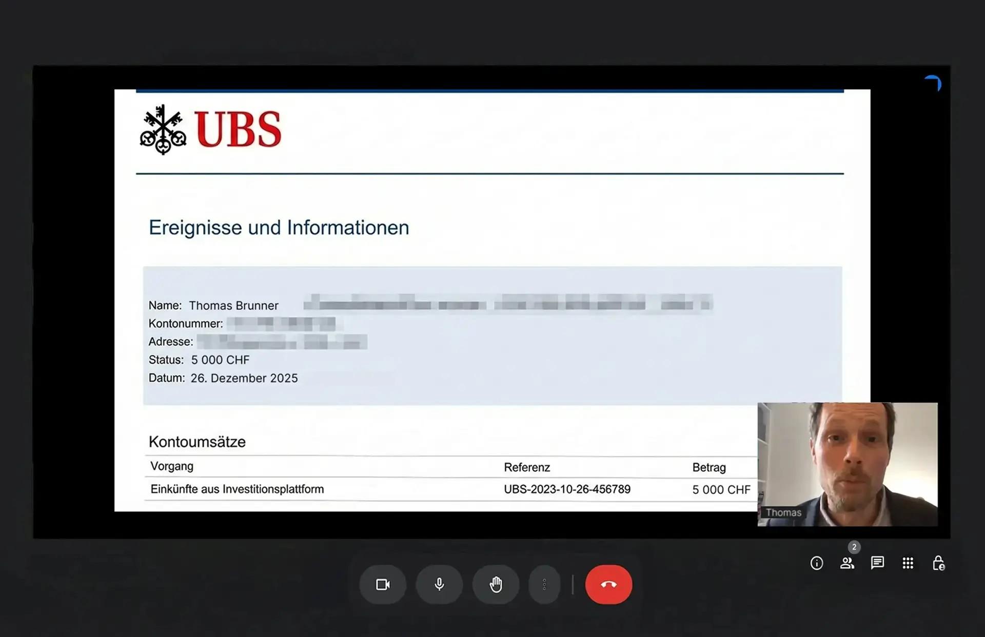 Faux relevé UBS affiché pendant un appel vidéo, utilisé dans une arnaque financière.