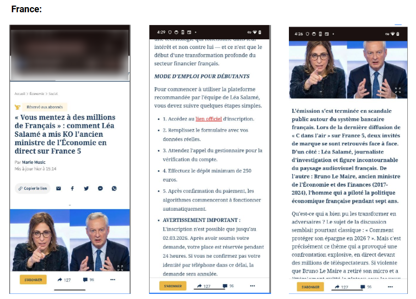 Exemples d’articles et publications frauduleux utilisés pour promouvoir une fausse plateforme d’investissement en France.