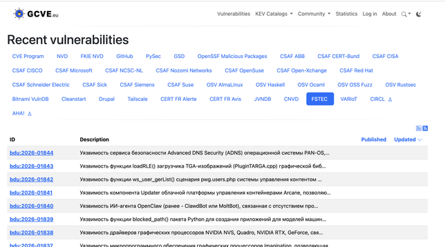 An overview of the current set of sources in the db.gcve.eu instance running the latest version of vulnerability-lookup. https://db.gcve.eu/recent#fstec