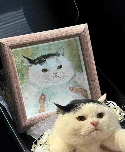 Meme photo of someone holding a chunky cat with a slightly angry looking face in front of a painting of said chonker behind them. 

(artist: unknown)